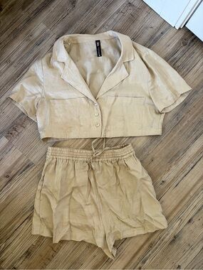 Zara Sand-Beige Linen-Look Satiny Cropped Shirt & Drawstring Shorts Set